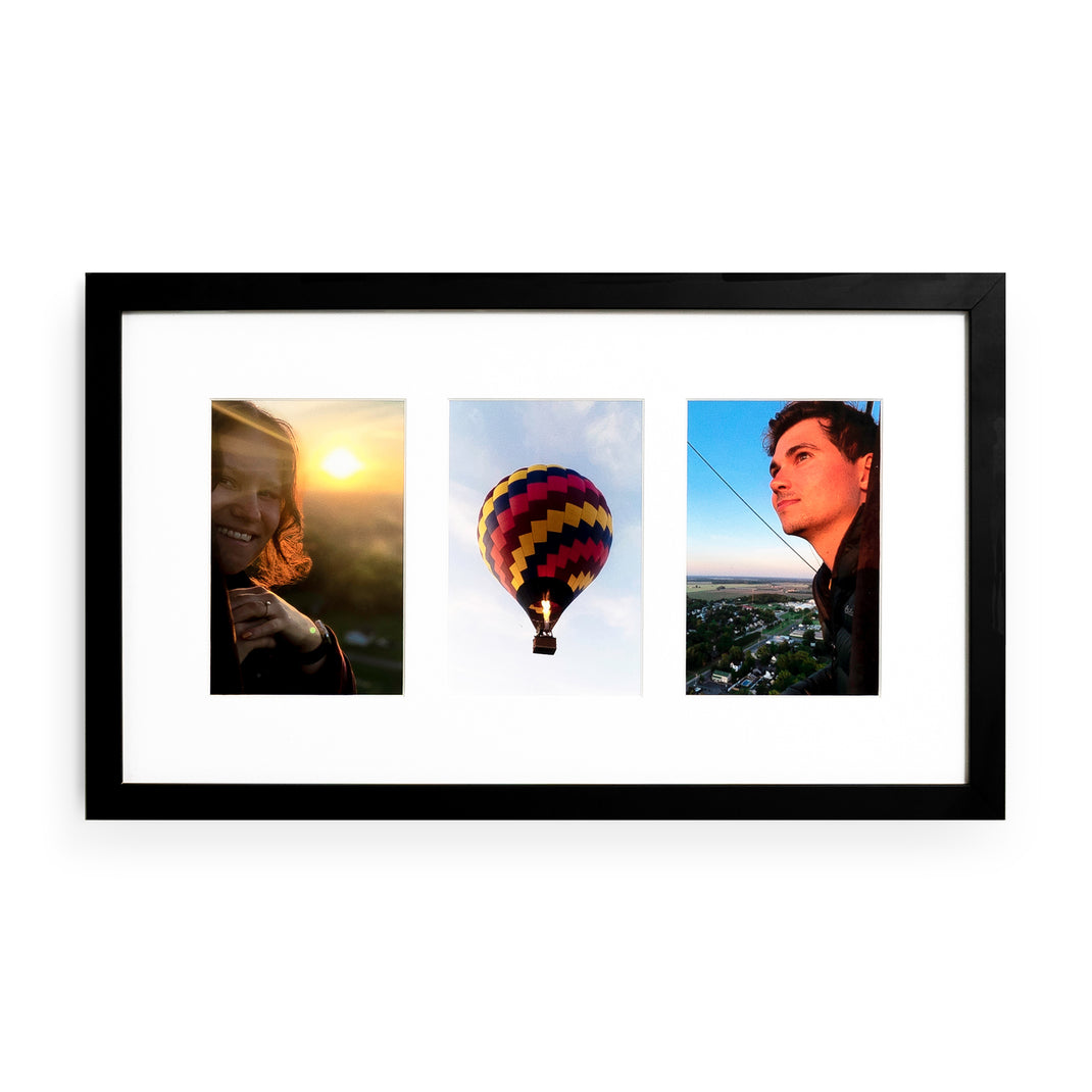 Side by side photos of a two people and a hot air balloon framed in the Horizontal Trio in a black gallery frame