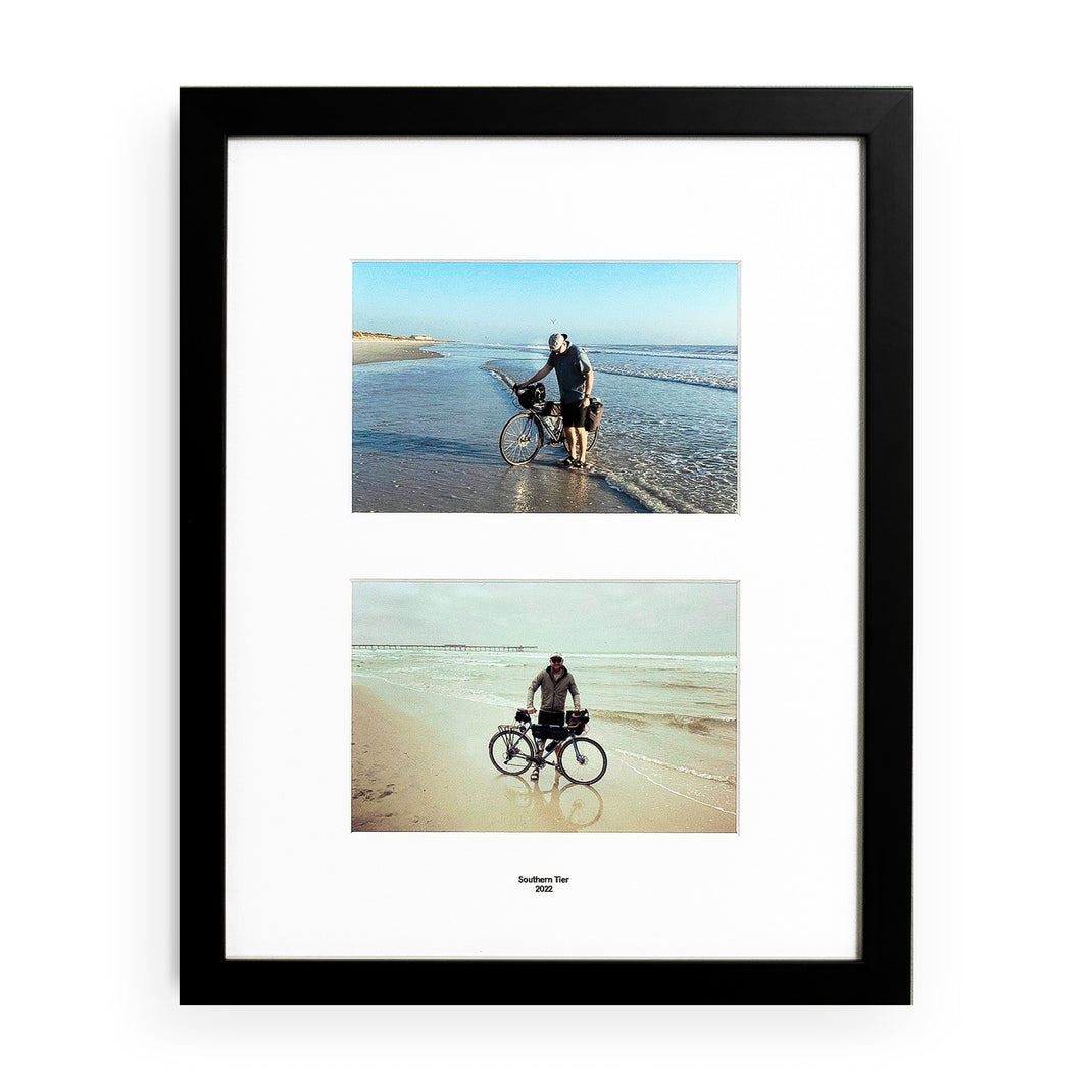 Two stacked photos of a man biking on the beach in the Vertical Duet