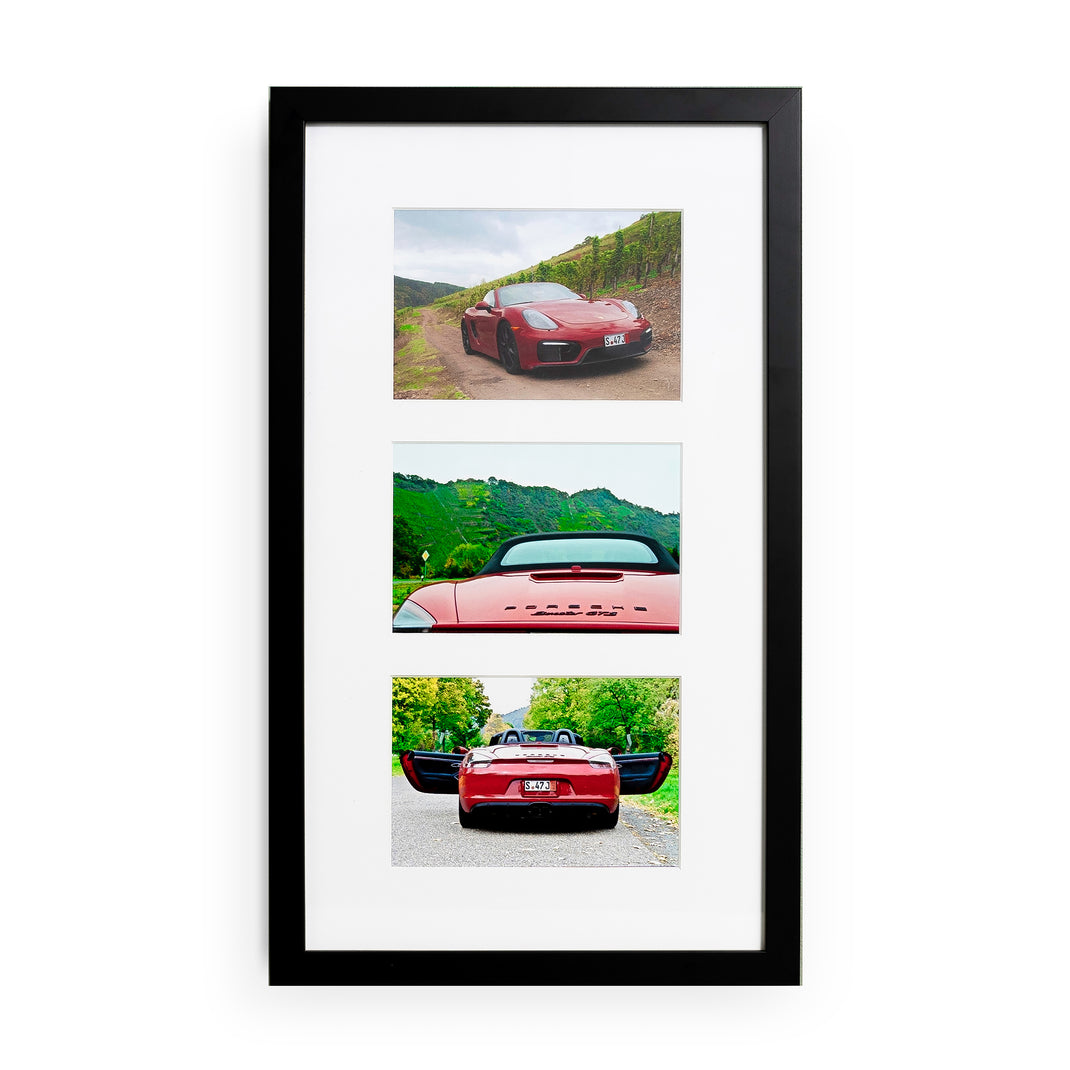 Three stacked photos of a red sports car in the Vertical Trio