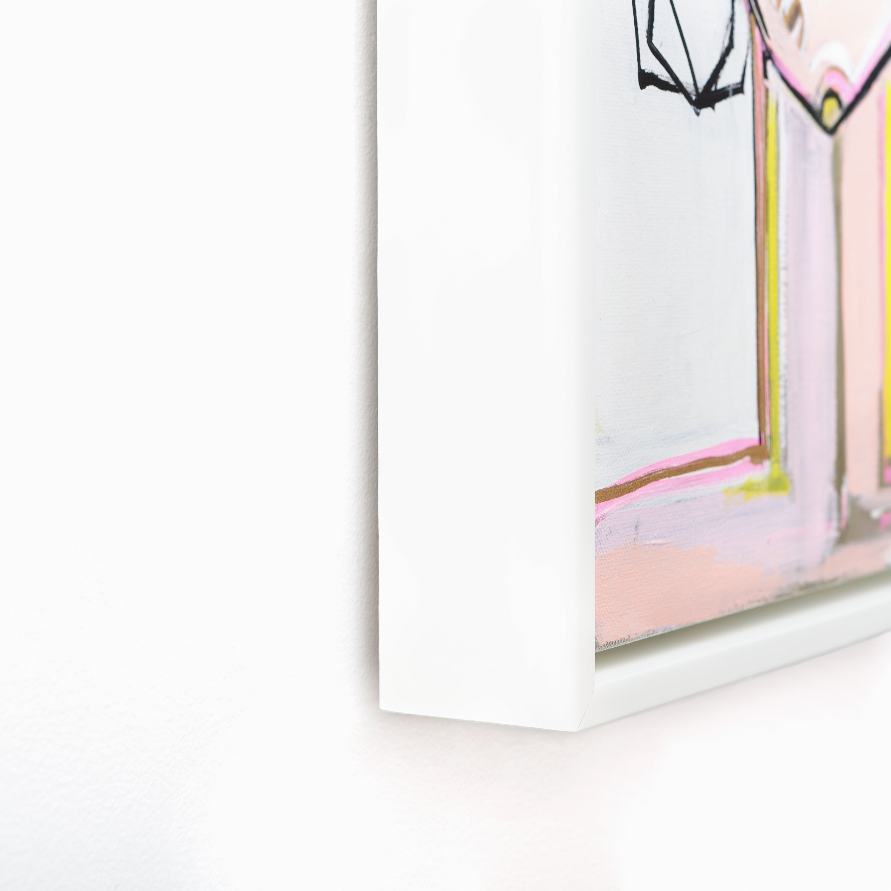 bottom left corner of abstract portrait of a woman framed in white Palermo canvas floater frame