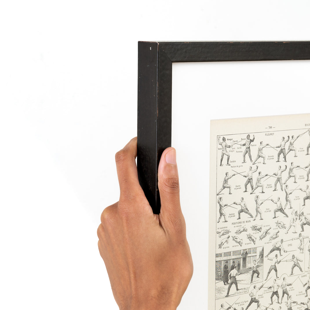 top left corner of diagram explaining fencing positions framed in Wren distressed matte black finish with aged patina frame with a white mat