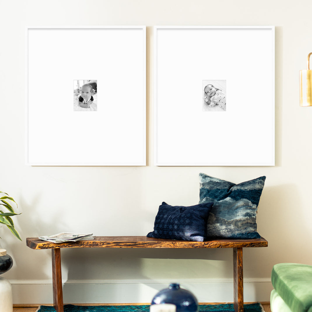 Dual Diptych Gallery Wall in Irvine Slim frames with black & white baby photos