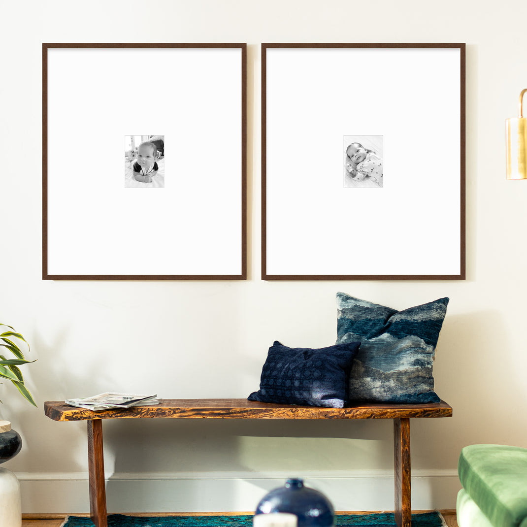 Dual Diptych Gallery Wall in Walnut with framed black & white baby photos