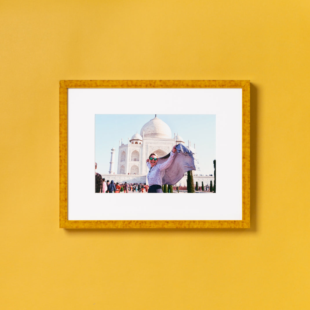 travel photo framed in mustard yellow glazed Agra frame with a white mat
