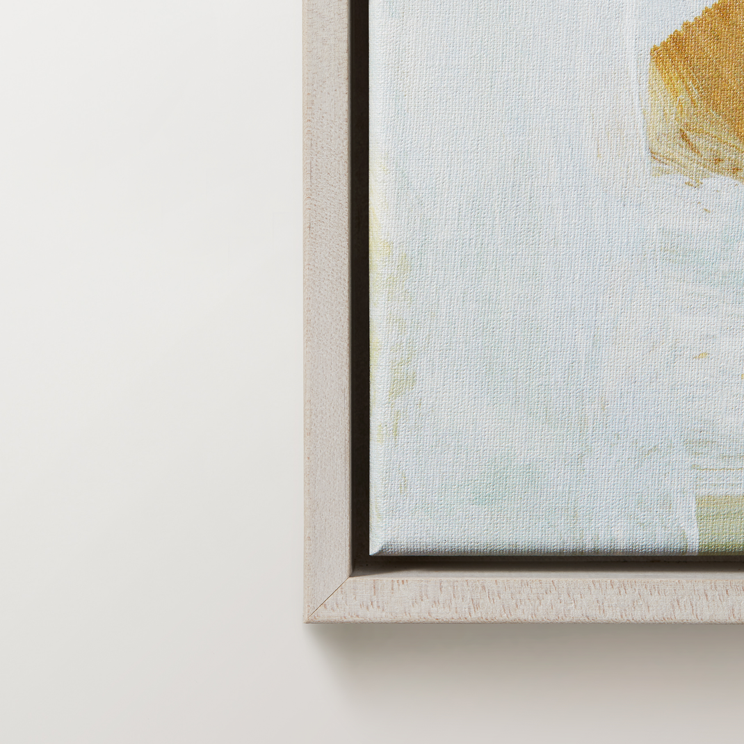 Bottom left corner of colorful abstract canvas painting in a bleached maple floater frame