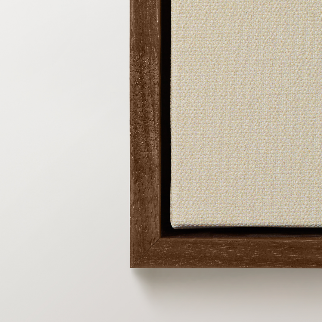 Bottom right corner of colorful canvas painting of a stylish woman in walnut floater frame