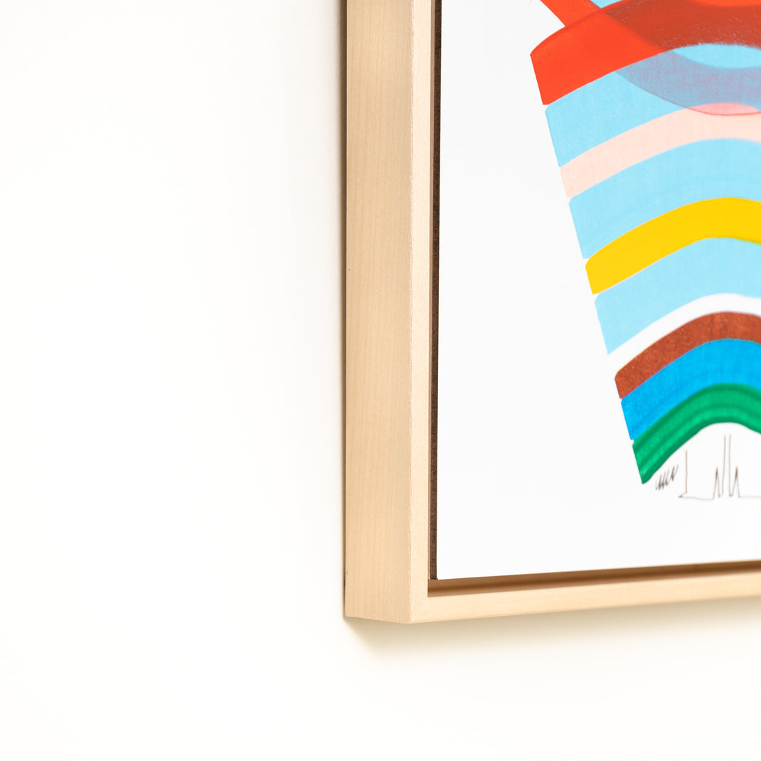 bottom left corner of abstract rainbow portrait framed in Laguna natural wood canvas floater frame