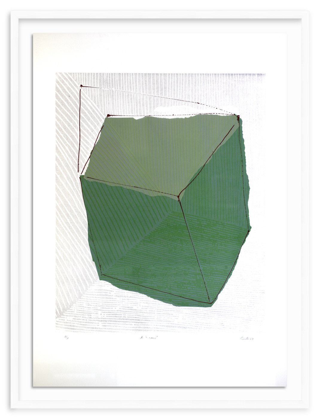 green cube with white background in white frame