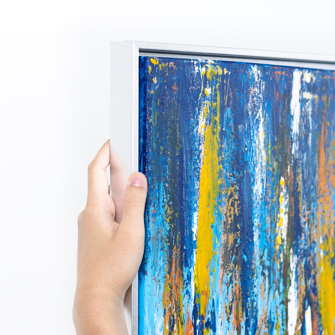top left corner of abstract canvas painting in Santiago silver canvas floater style frame