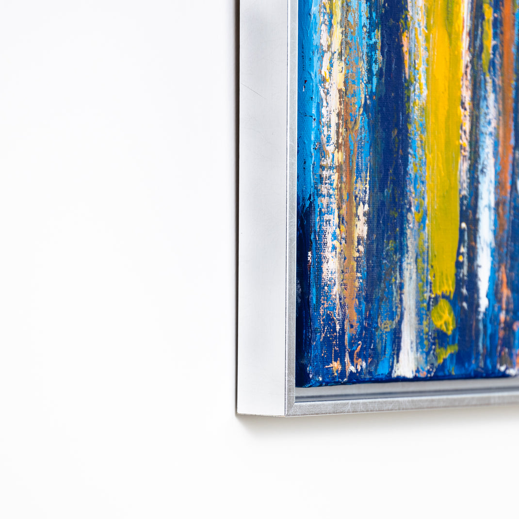 bottom left corner of abstract canvas painting in Santiago silver canvas floater style frame