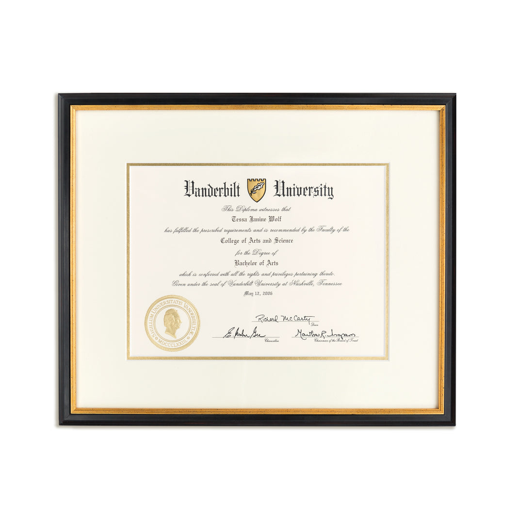 Vanderbilt diploma framed in black and gold Providence frame with gold accent mat