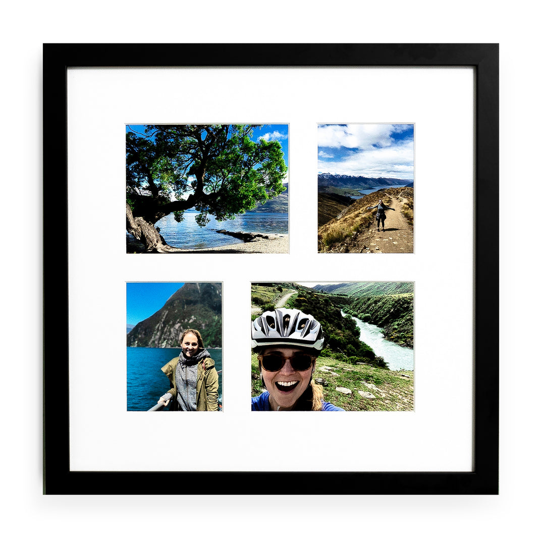 Four photos stacked of a woman hiking by a lake framed in the The Uneven Quartet in a black gallery frame