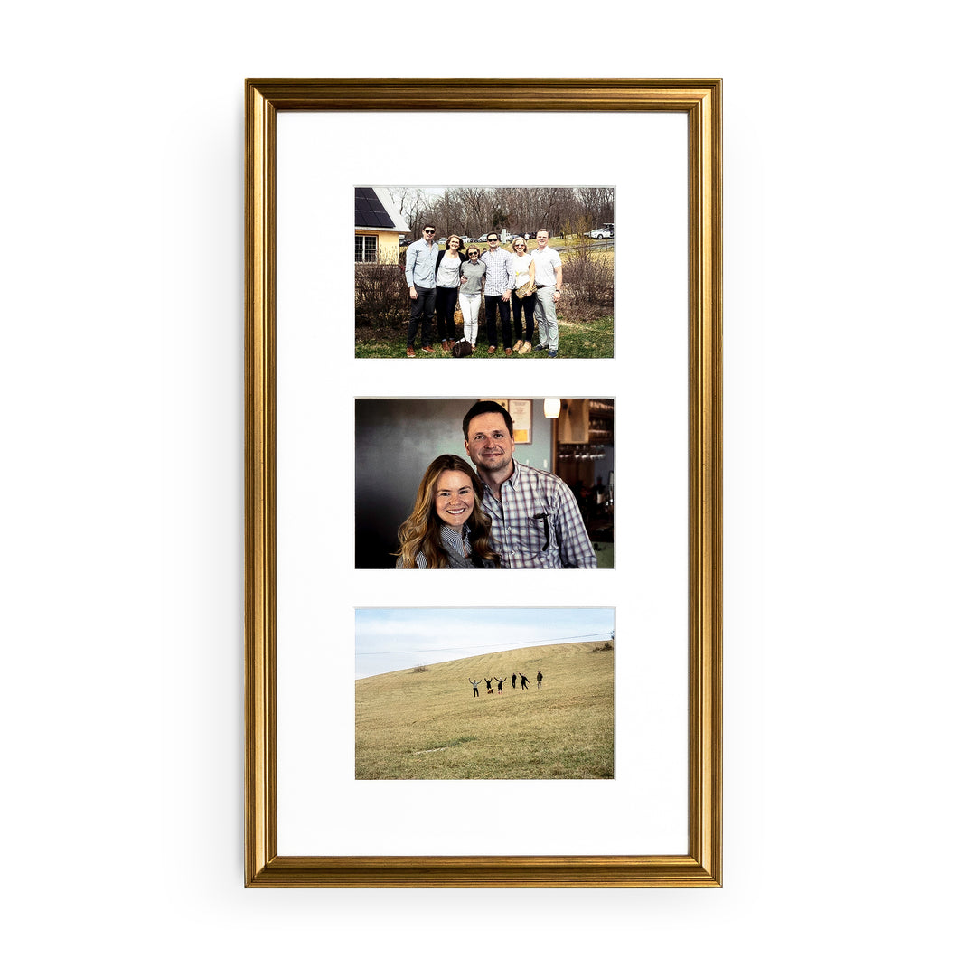 Three stacked photos of a family and couple in the Vertical Trio