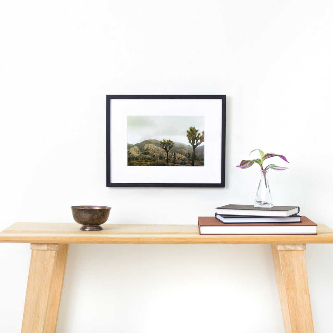 Landscape photo of a desert mountain range framed in Black Walnut mini frame with white mat hanging on a white wall above a wood entryway table