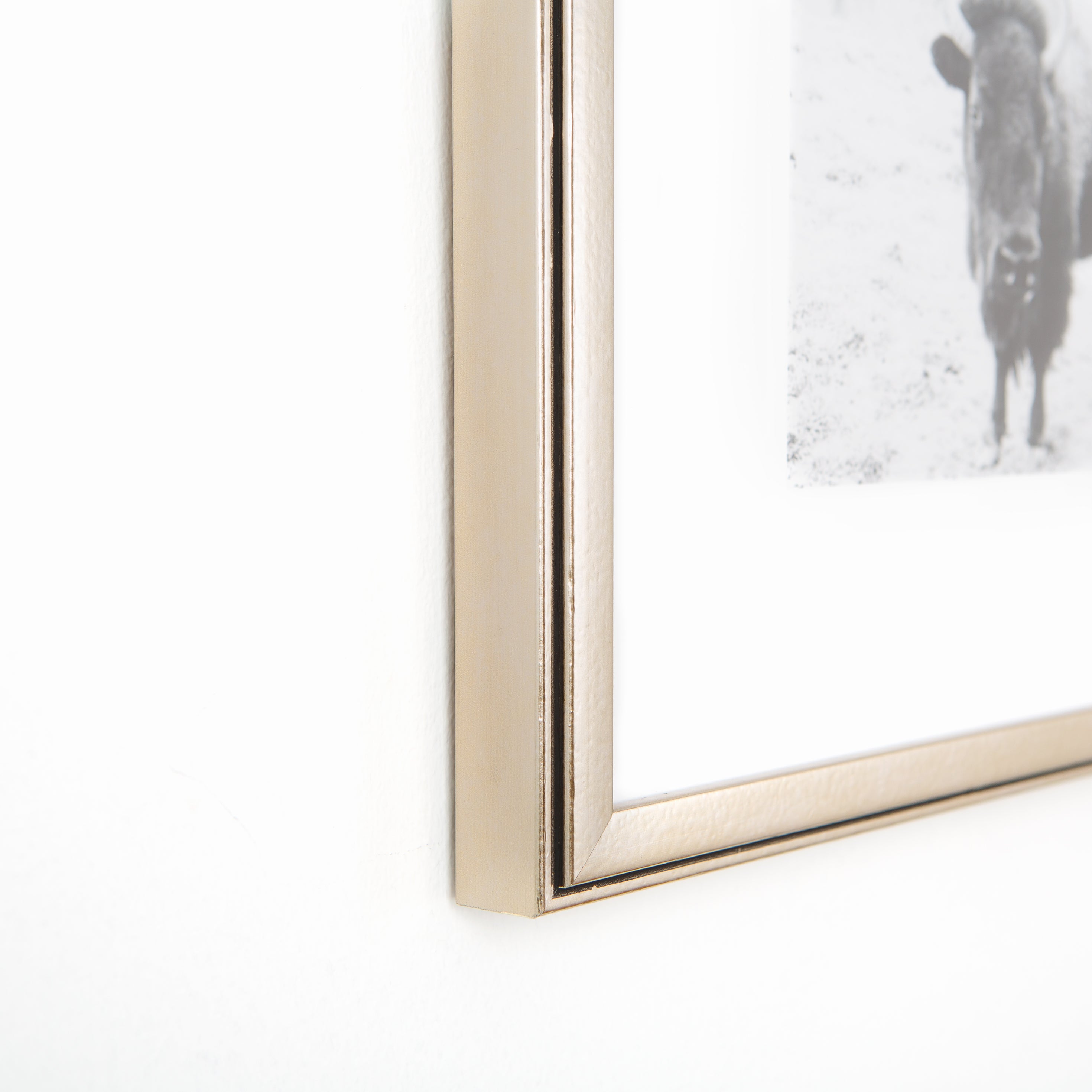 bottom left corner of black and white photo of a buffalo framed in pewter silver Ventura frame with a white mat