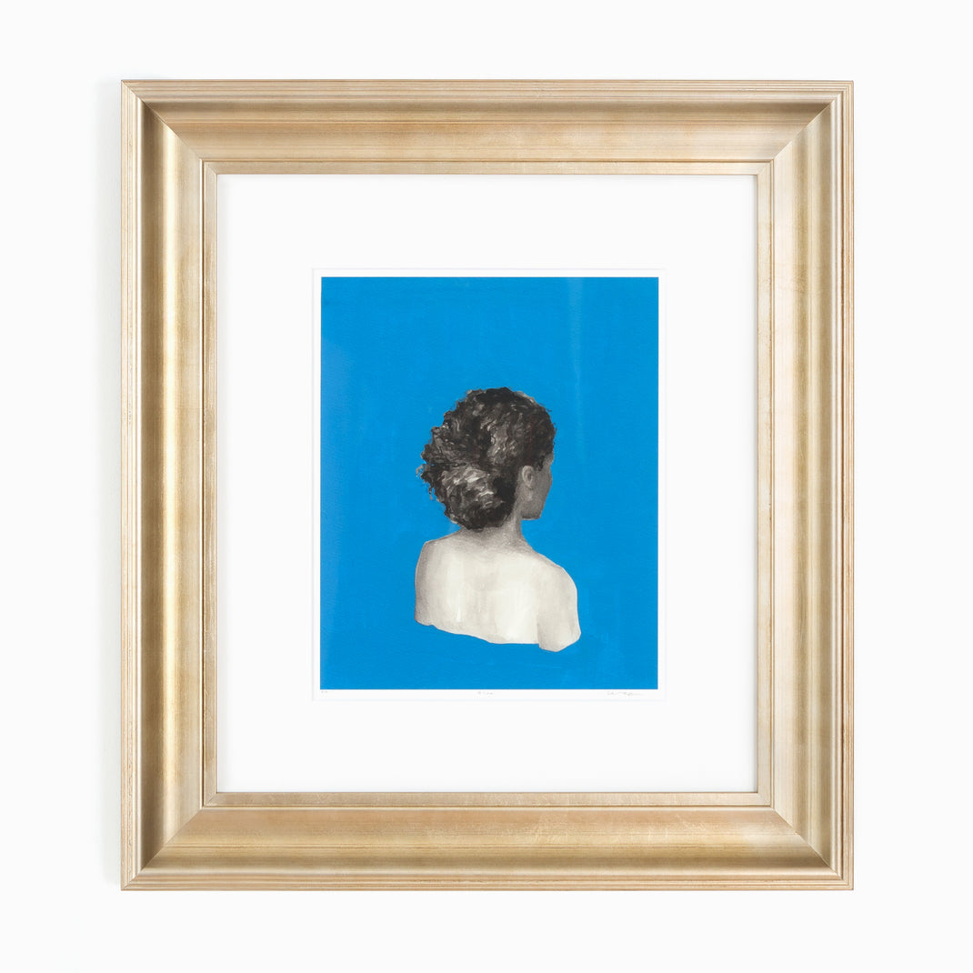 art print of a woman's print on a blue background framed in bowery wide sloped silver frame