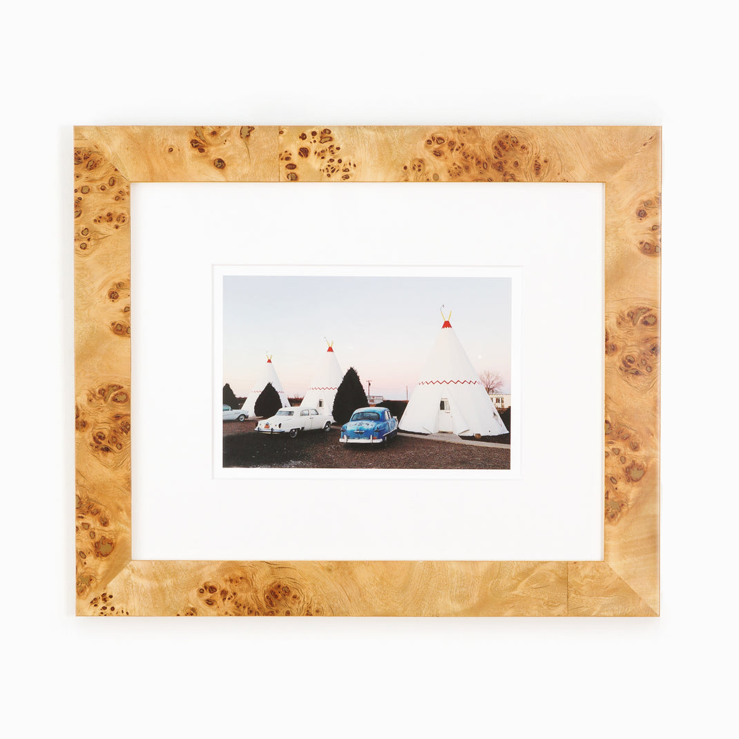 photograph of tents at a campsite framed in Cairo burl wood frame with a white mat