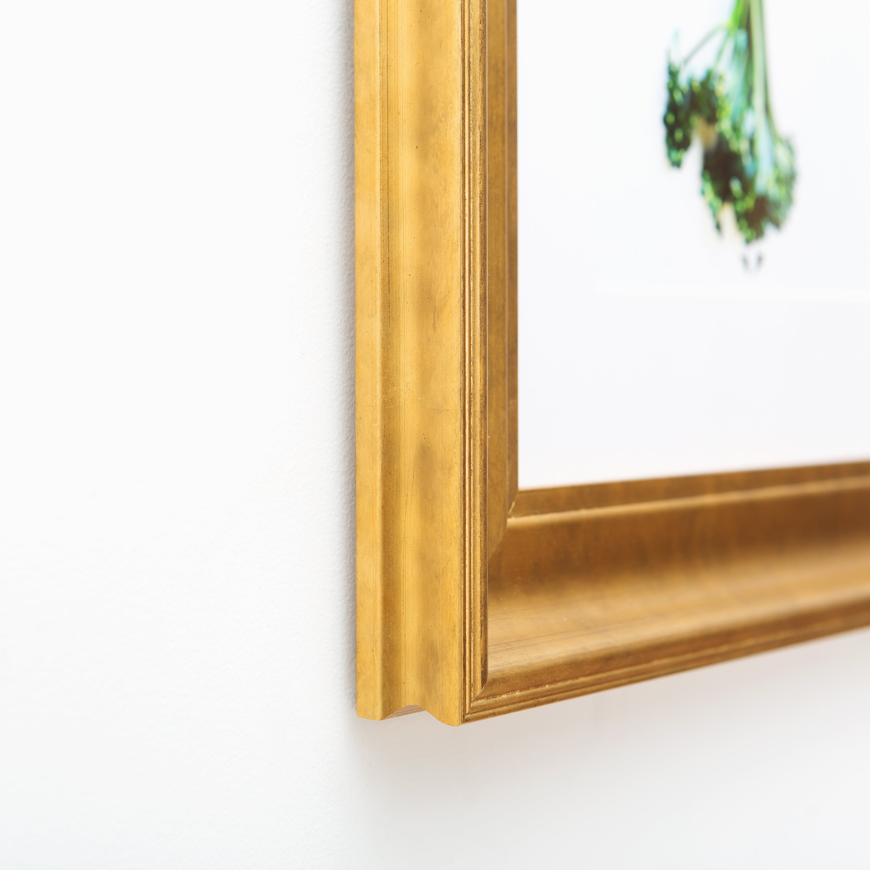 bottom left corner of a illustration of a woman with a broccolini skirt framed in wide sloped gold Chelsea frame with a white mat