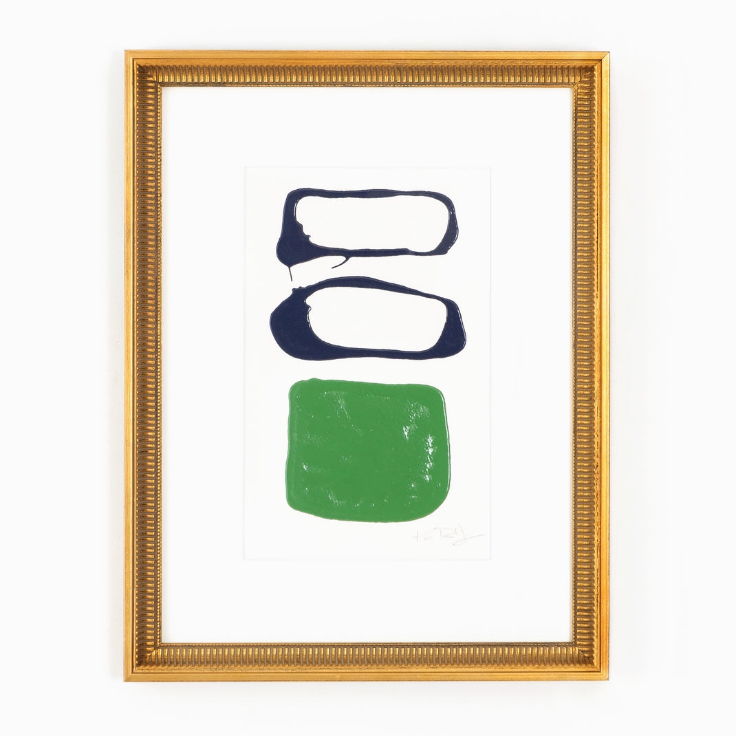 abstract blue and green art framed in antique fluted gold Georgetown frame with a white mat