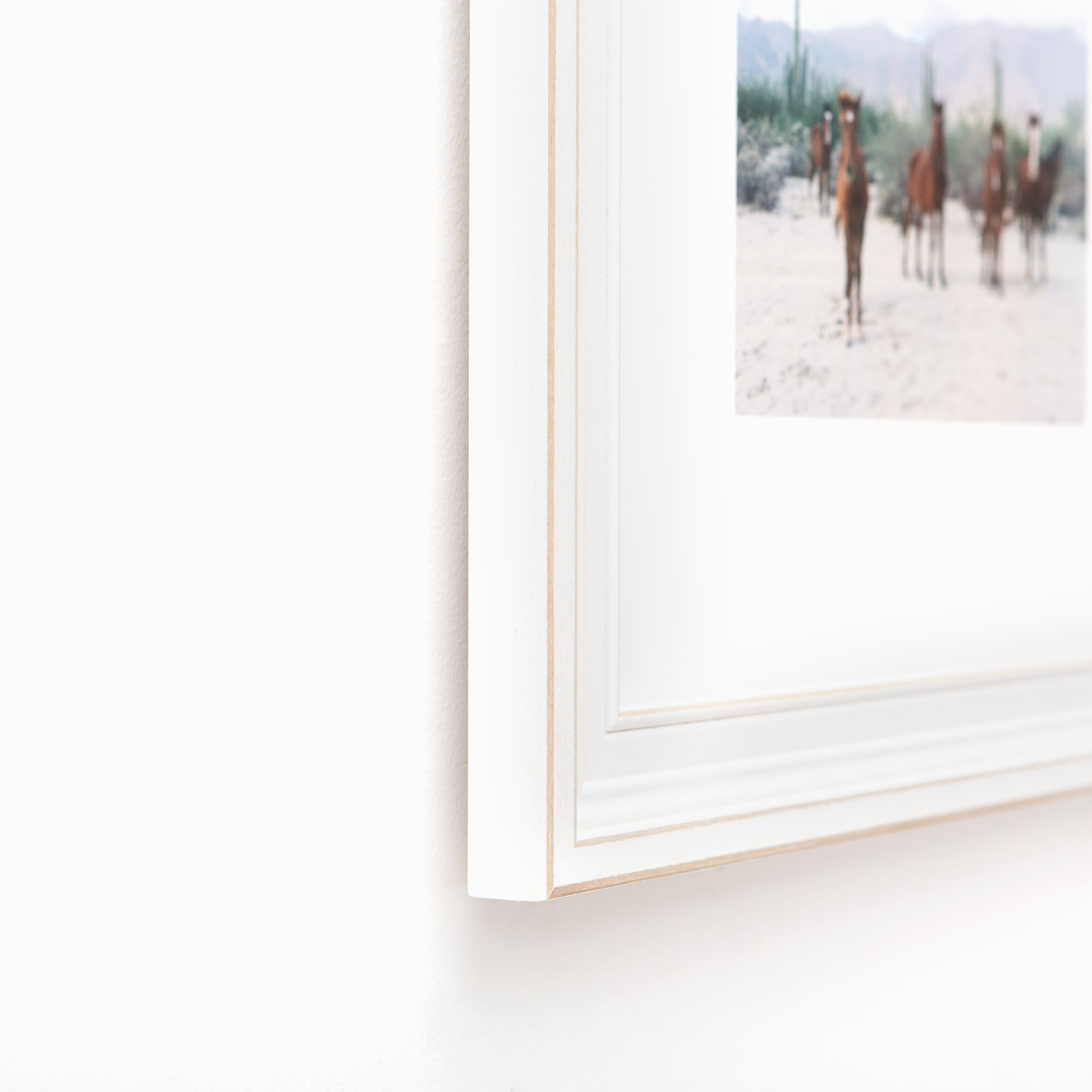 bottom left corner of photograph of horses in the desert framed in wide distressed Montauk frame with a white mat