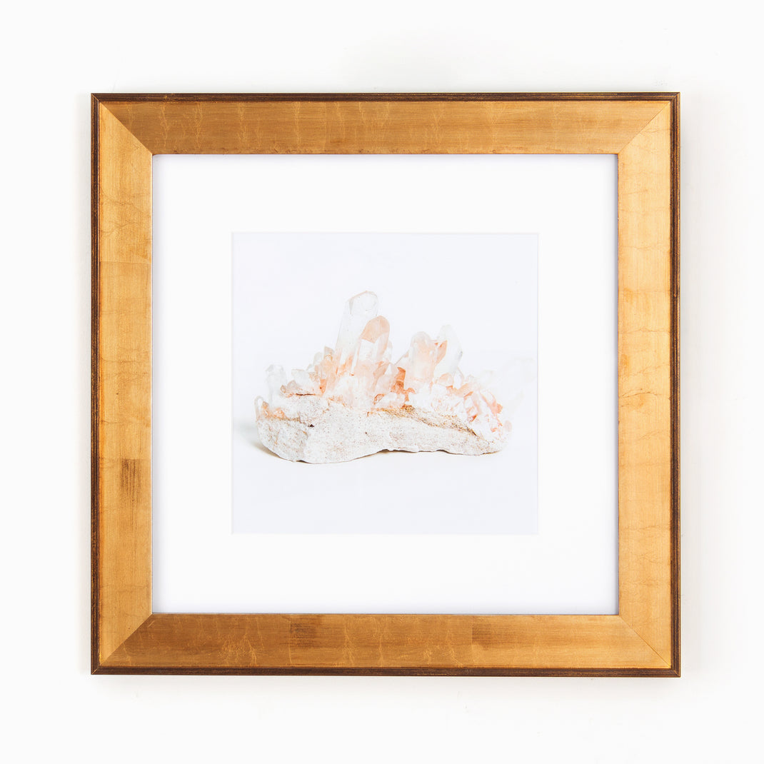 pink geode framed in wide gold Potomac frame with a white mat
