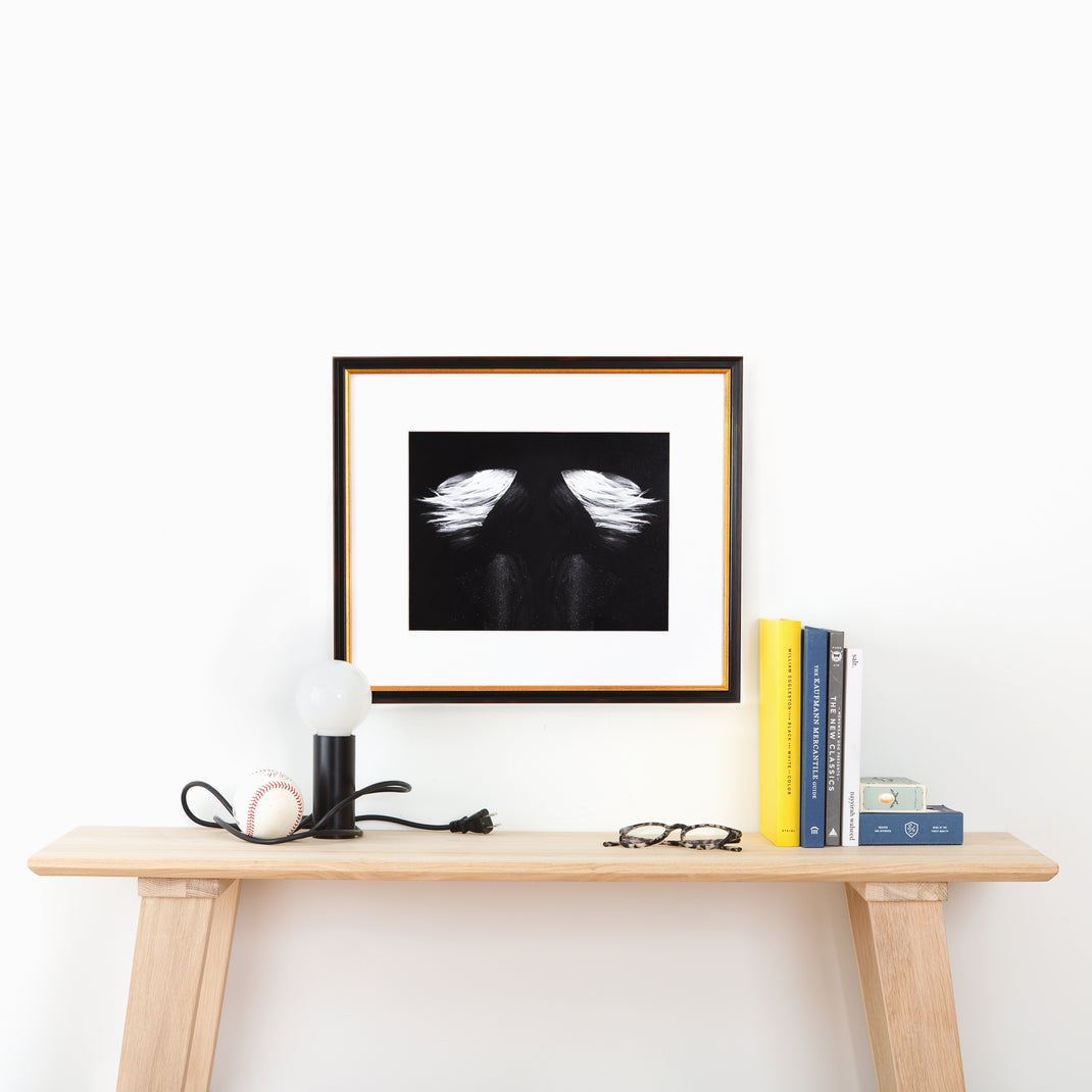 black and white photograph of wings framed in black and gold Providence frame with white mat hanging on a white wall above a wood console table