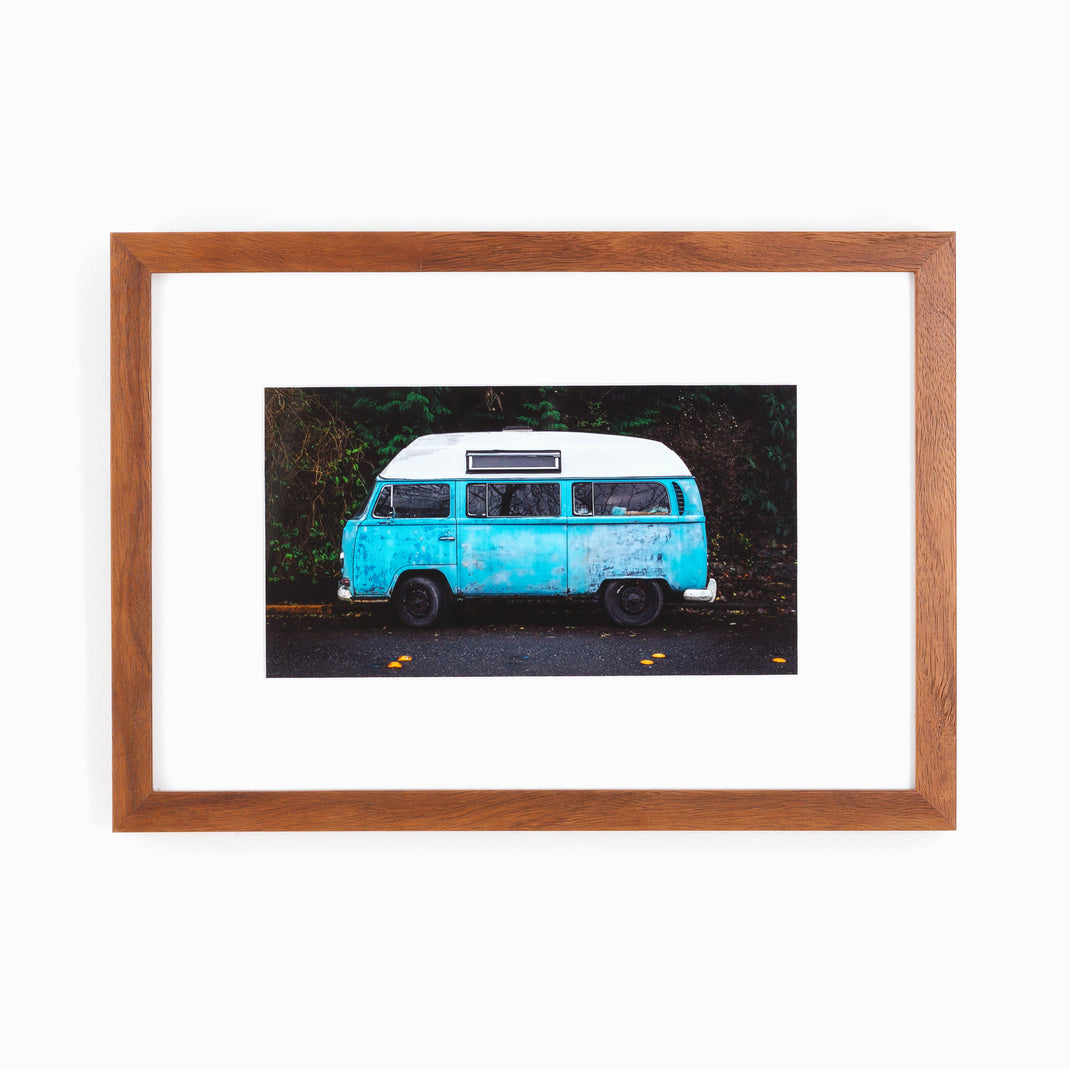 photo of a vintage vw bus framed in warm natural wood Sonoma frame
