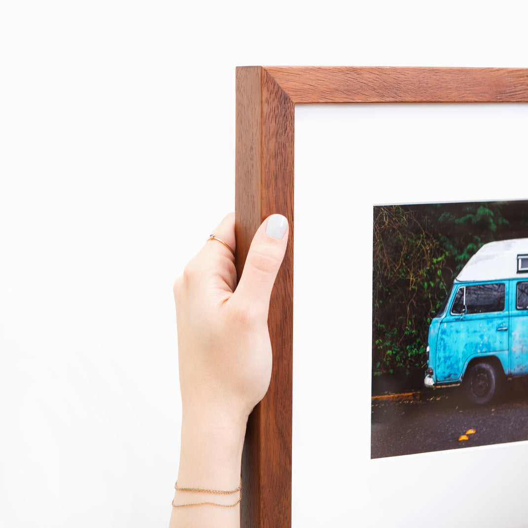 top left corner of photo of a vintage vw bus framed in warm natural wood Sonoma frame